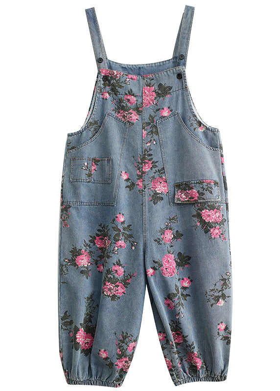 Light Blue Oversized Print Pockets Denim Jumpsuits Summer