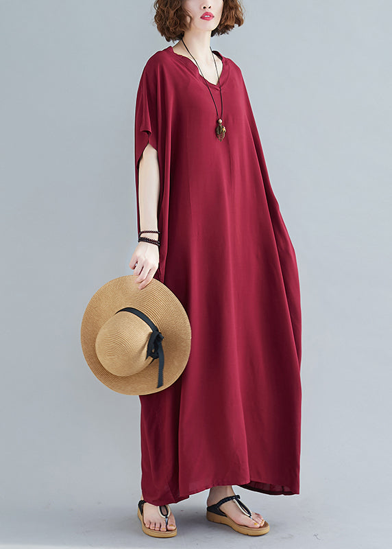 Red V Neck Cotton Ankle Dress Short Sleeve