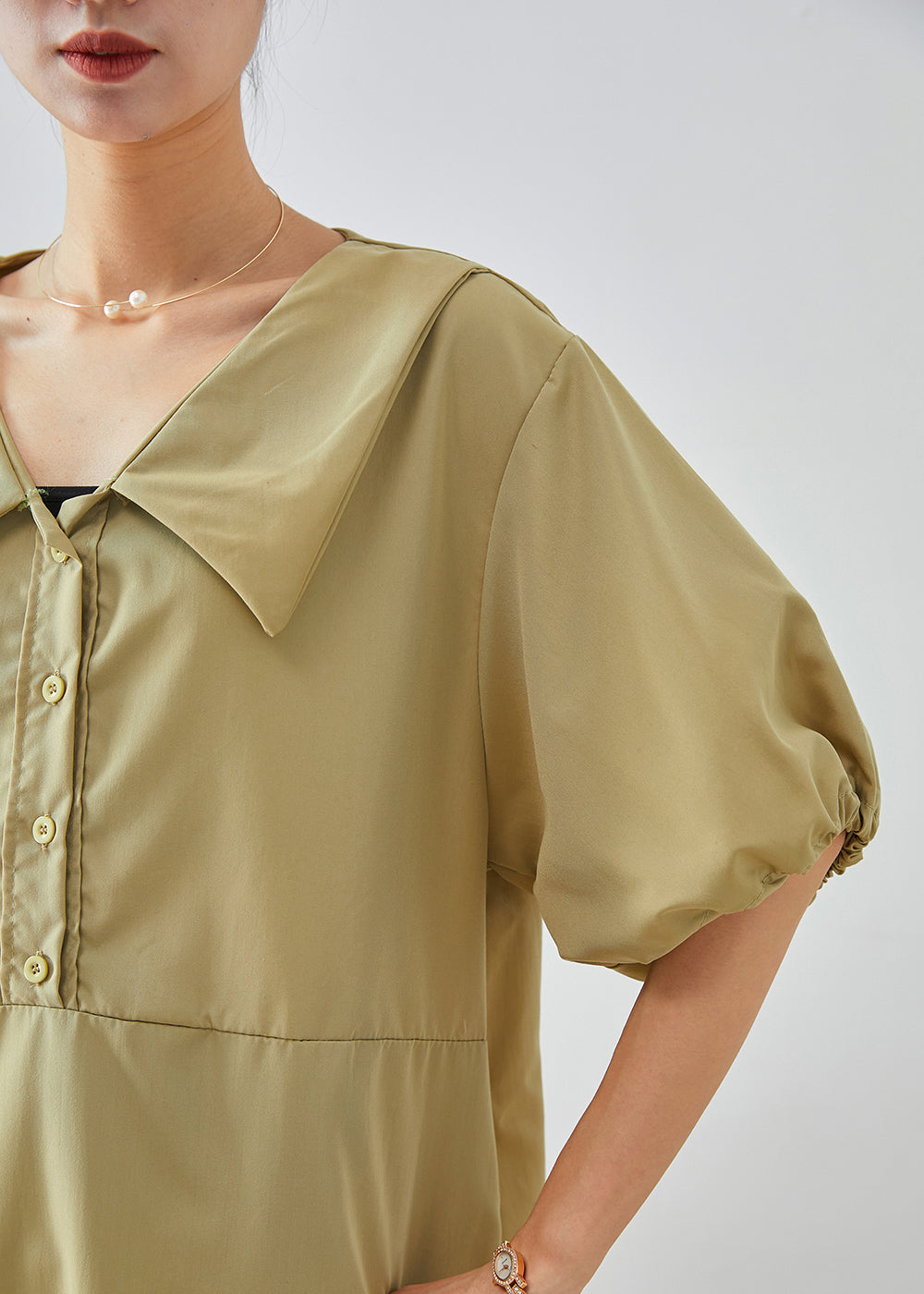 Khaki V Neck Oversized Cotton Mid Dress Lantern Sleeve