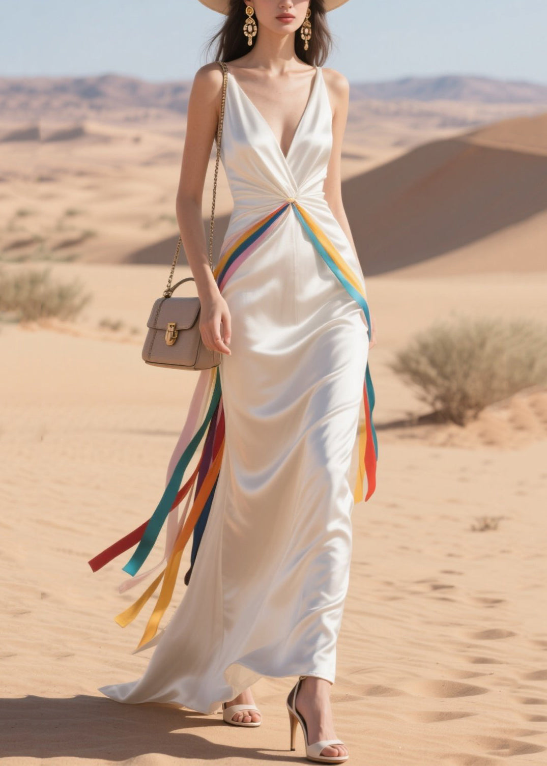 White Draping Patchwork Multicolour Ribbon Silk Party Dress Summer