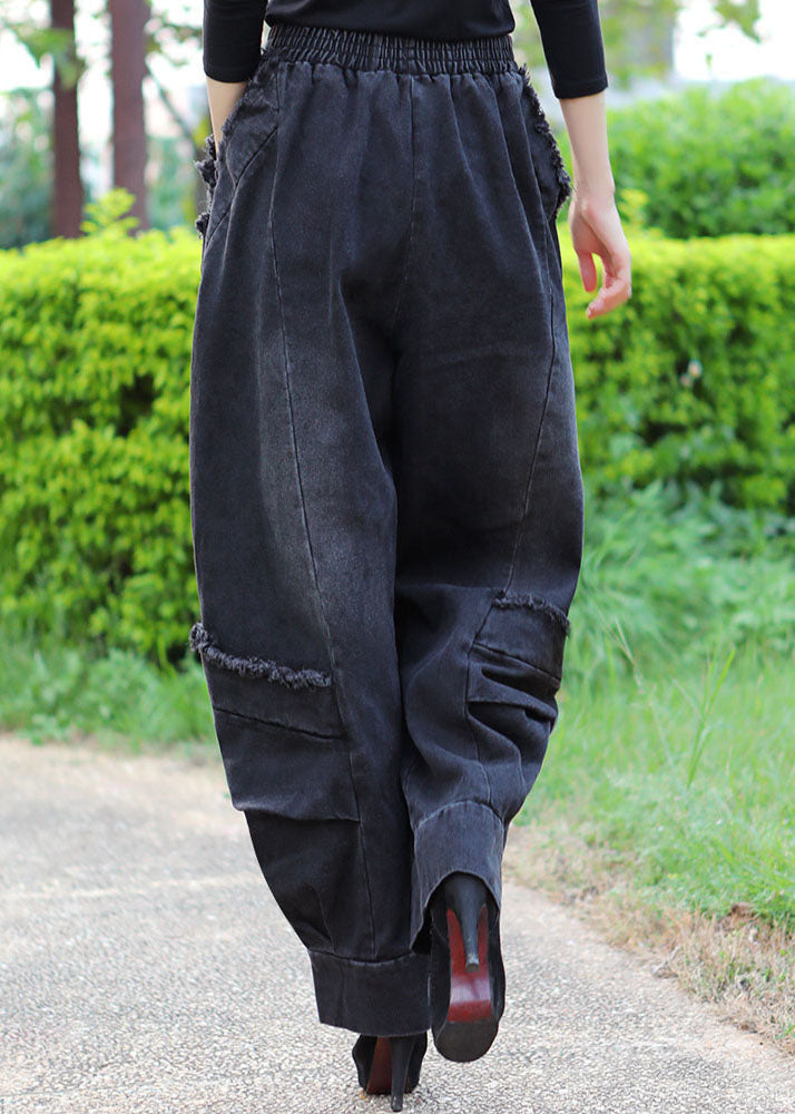 Boutique Black Grey Patchwork Winter Denim Pants