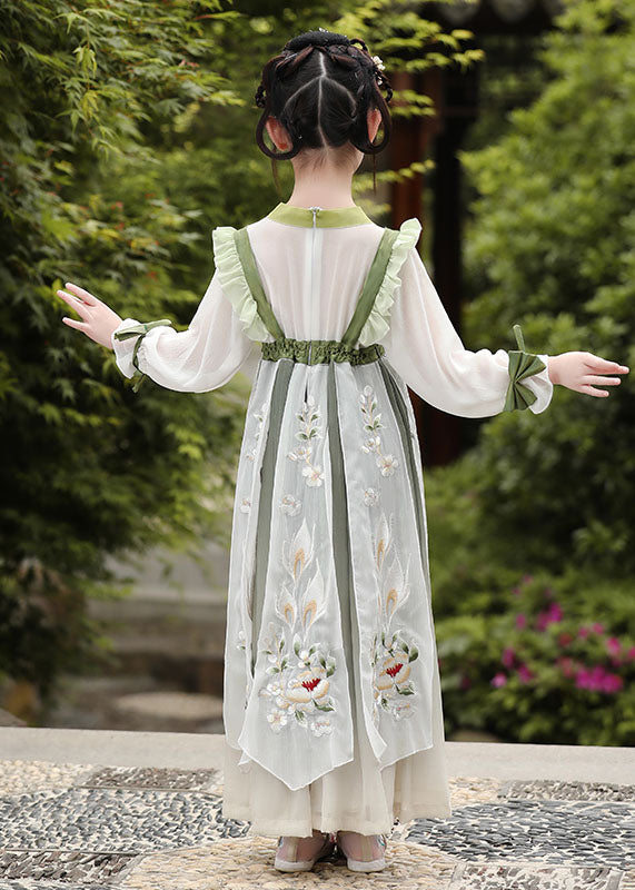 Boutique Green Ruffled Embroideried Patchwork Chiffon Kids Dress Long Sleeve