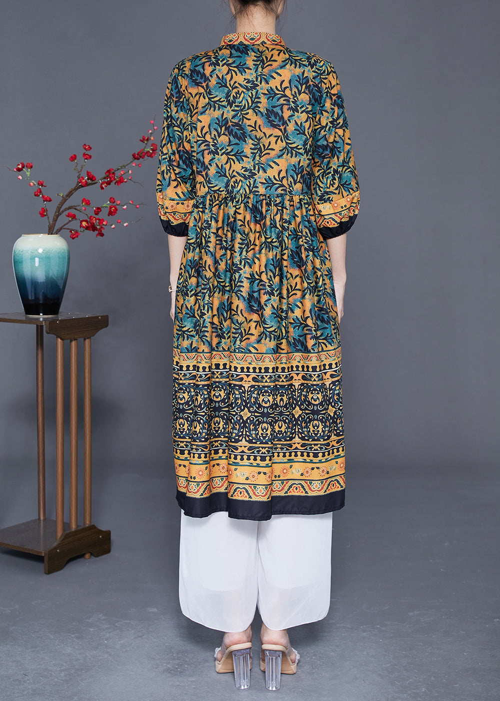 Boutique Khaki Stand Collar Print Silk a Line Dress Summer