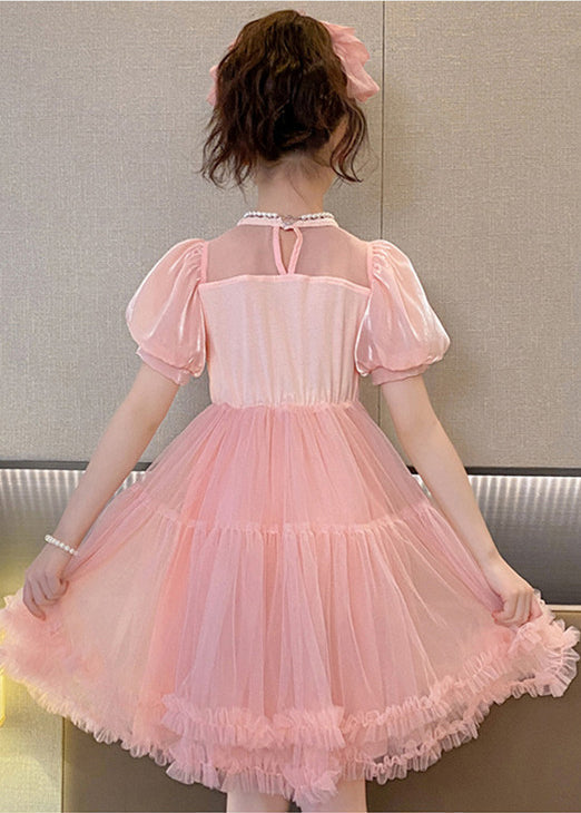 Boutique Pink Puff Sleeve Patchwork Tulle Baby Maxi Dress Summer