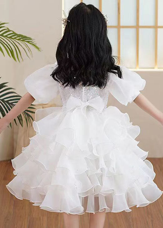 Boutique White Ruffled Sequins Patchwork Tulle Kids Party Dresses Summer