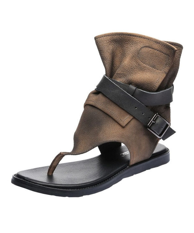 Brown Thong Sandals Boots Cowhide Leather Splicing Buckle Strap