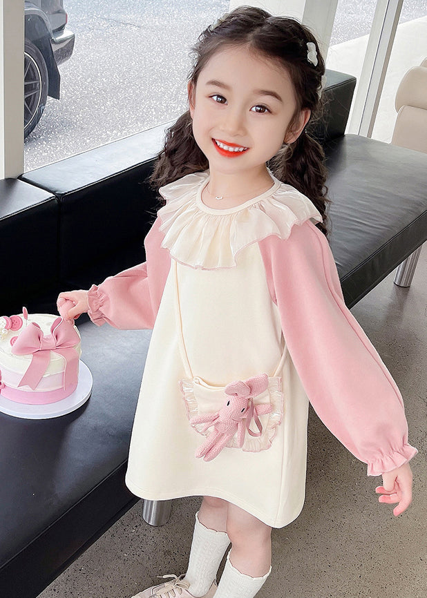 Beige O-neck Tulle Patchwork Kids Mid Dress Fall