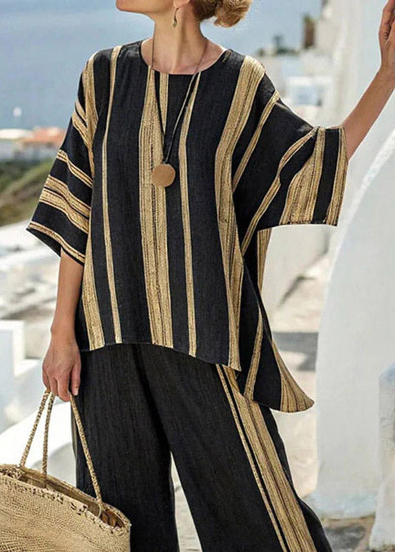Black Striped T Shirts and Crop Pants Two Pieces Set Summer