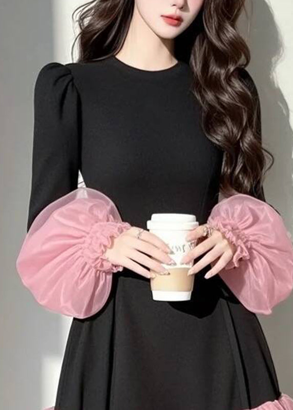 Black Tulle Patchwork Vacation Mid Dresses Puff Sleeve