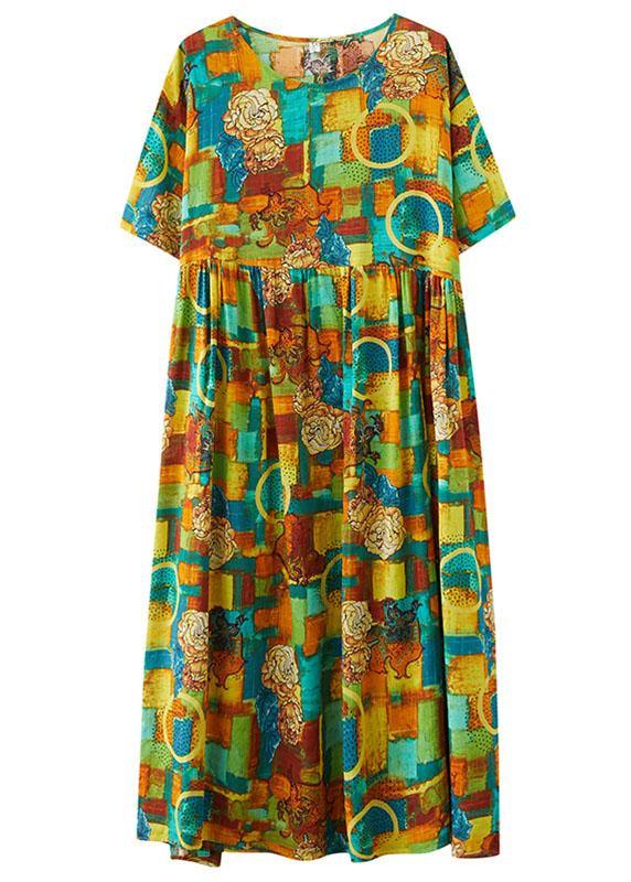 Green O-neck Print Summer Patchwork Robe Dresses Half Sleeve