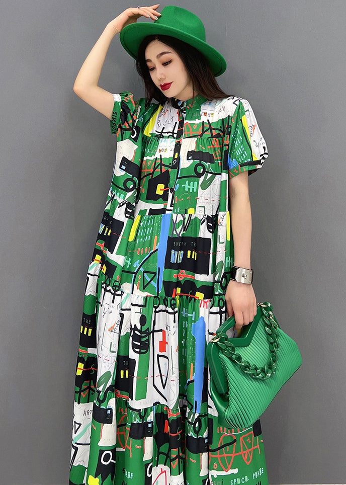 Green Stand Collar Patchwork Exra Large Hem Print Chiffon Maxi Dress Short Sleeve