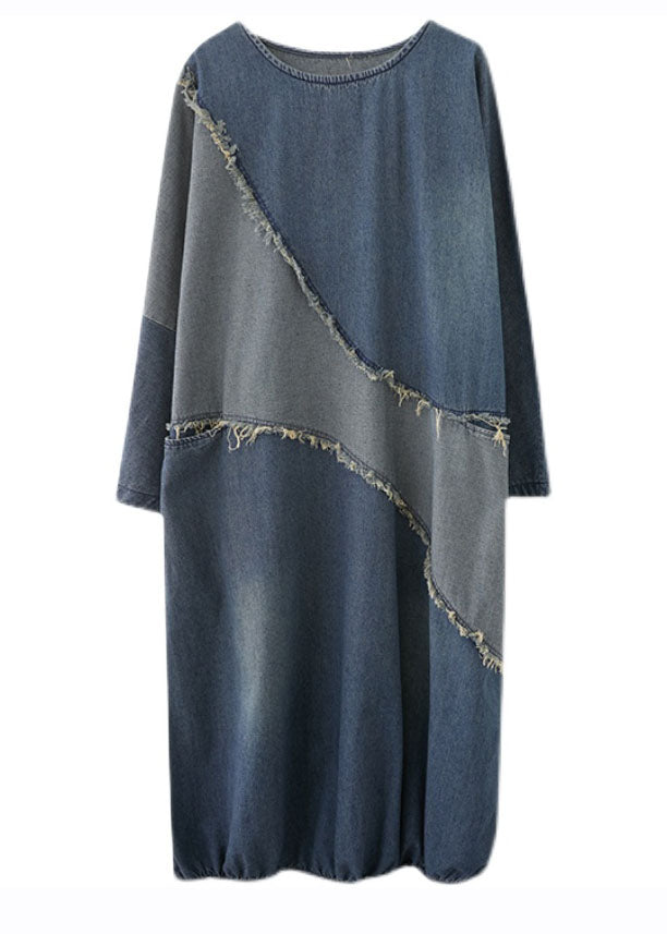 O-neck Drawstring Patchwork Denim Maxi Dresses Fall