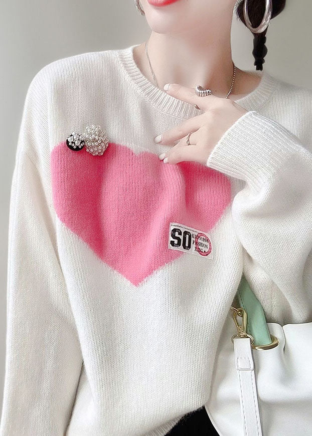 Pink O-neck Love Jacquard Nail Bead Knit Top Winter