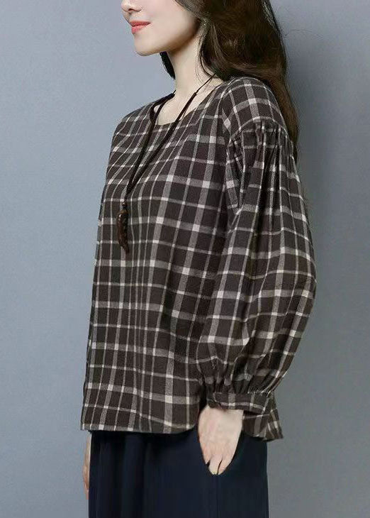 Plaid O Neck Patchwork Cotton T Shirts Tops Long Sleeve
