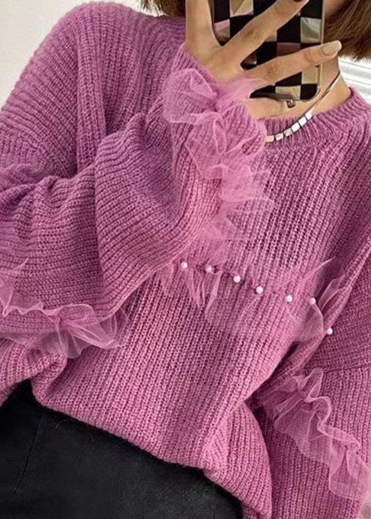 Purple Tulle Patchwork Nail Bead Fall Knit Sweaters