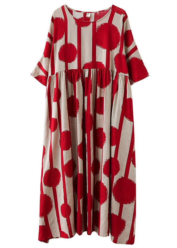 Red O-neck Print Wrinkled Exra Large Hem Cotton Long Dresses Short Sleeve