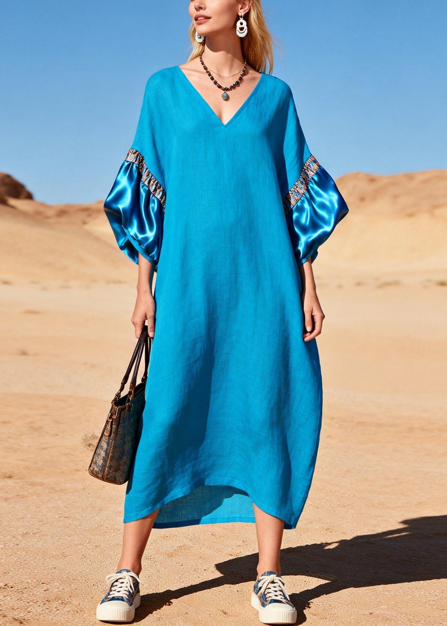 Sea Blue V Neck Patchwork Cotton Maxi Dress Lantern Sleeve