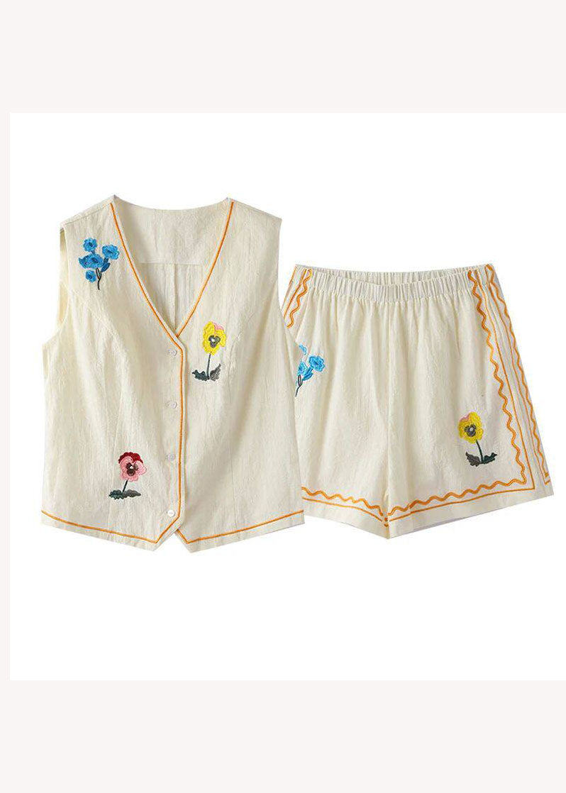 V Neck Print Pockets Cotton Two Pieces Set Summer