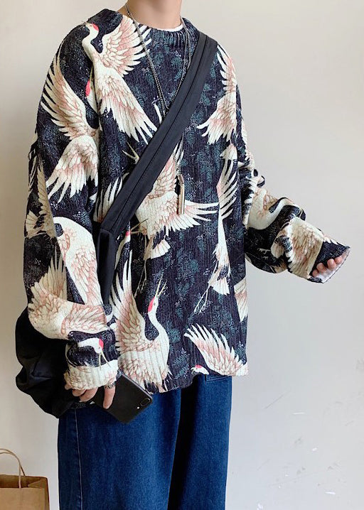 Black O Neck Print Cozy Knit Sweaters Spring