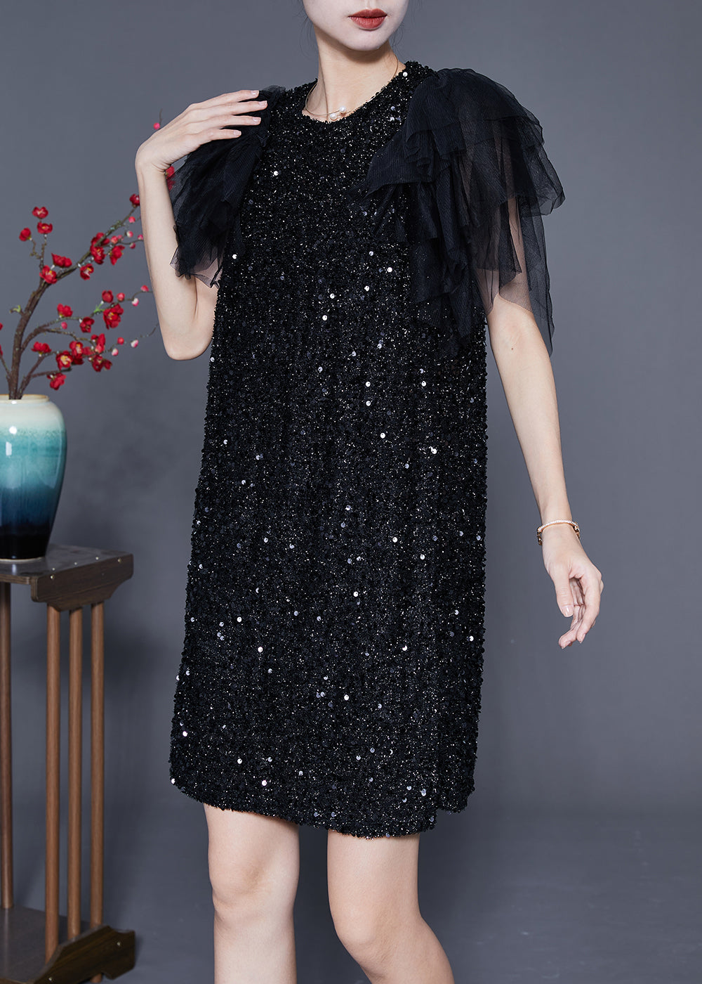 Black Sequins Patchwork Mid Dress Vestidos Summer