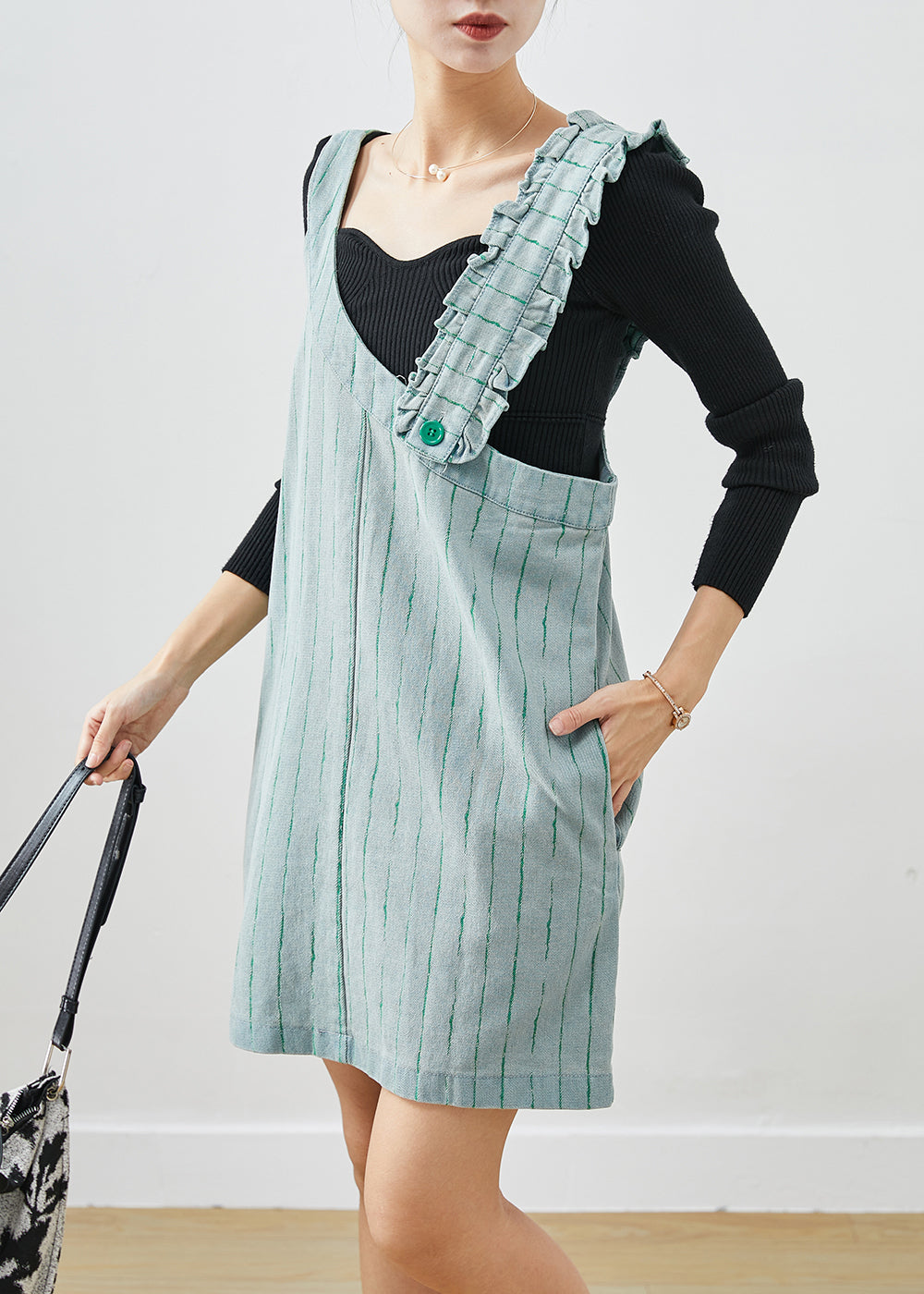 Blue Asymmetrical Cotton Strap Mid Dress Fall