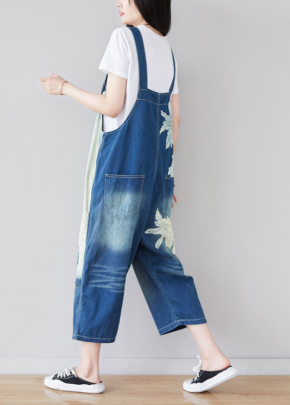 Blue Pockets Print Patchwork Jumpsuit Summer