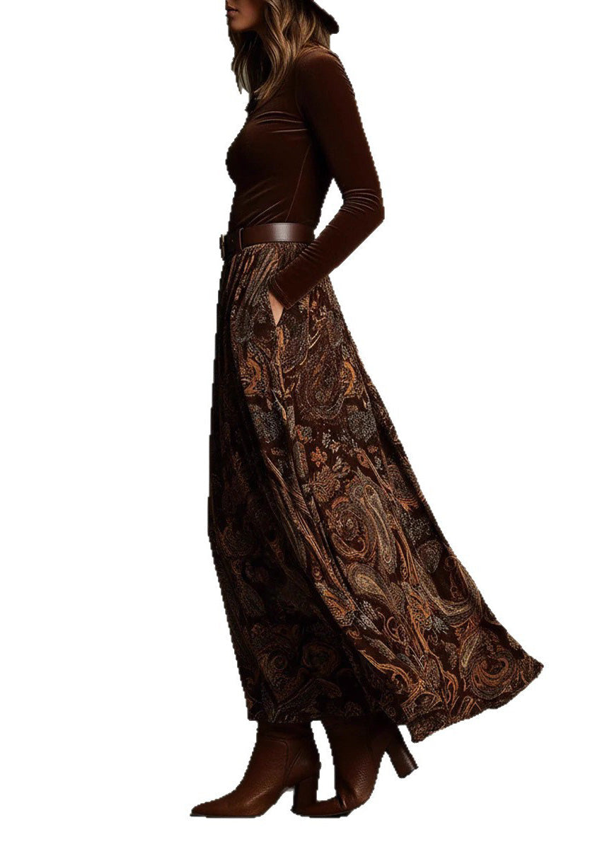 Caramel Print Pockets Velvet Two Pieces Set Spring