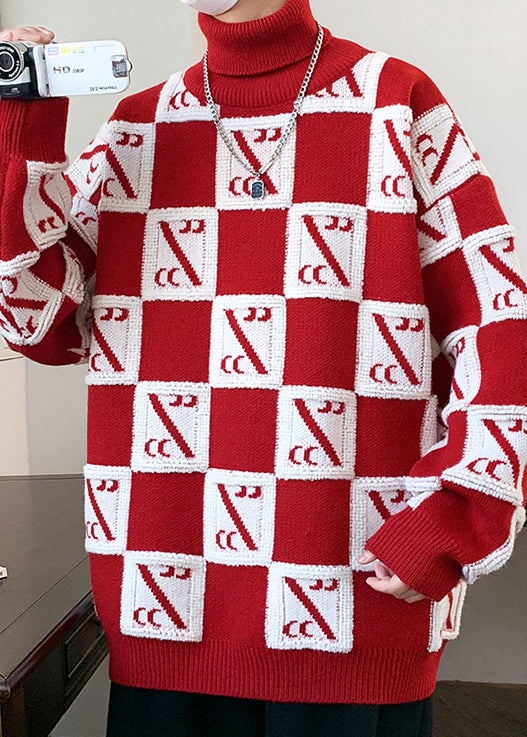Coffee Turtleneck Plaid Patchwork Knit Sweaters Winter
