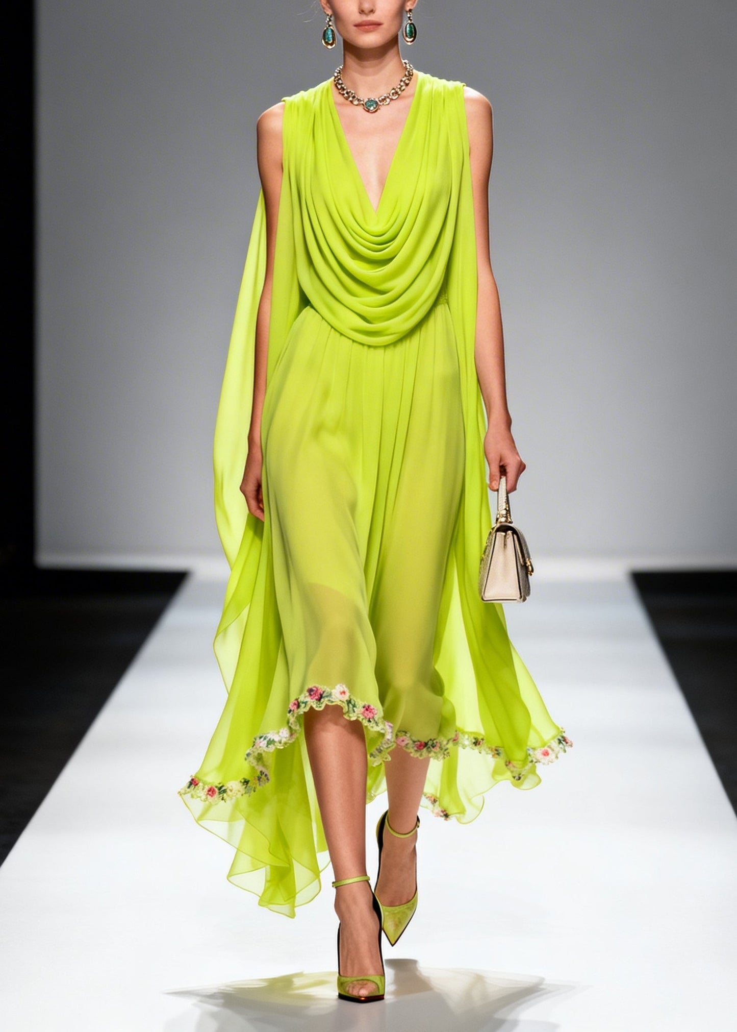 Fluorescent Green Turtle Neck Chiffon Long Dresses Summer