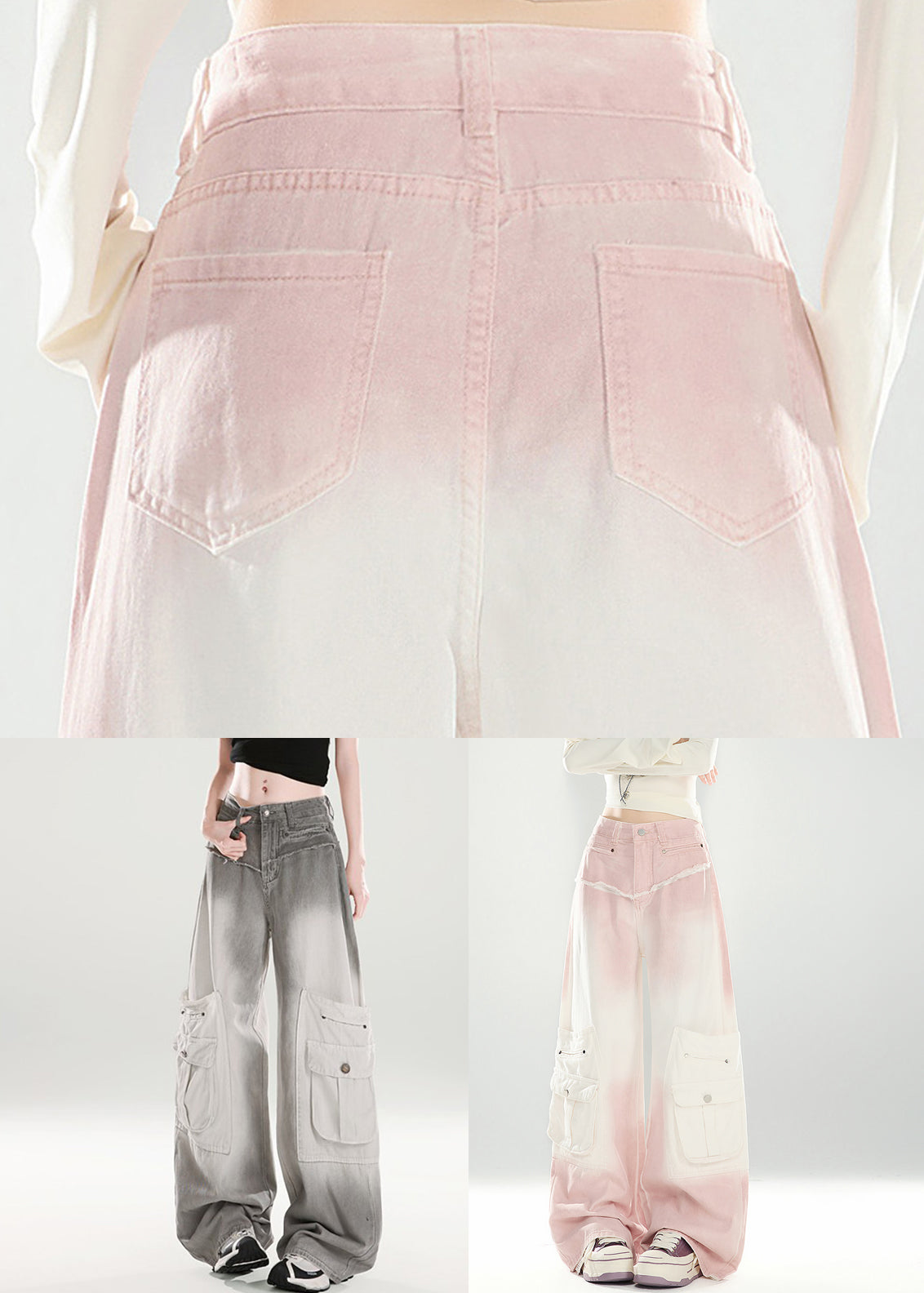 Pink Gradient Color Pockets High Waist Denim Pants Spring