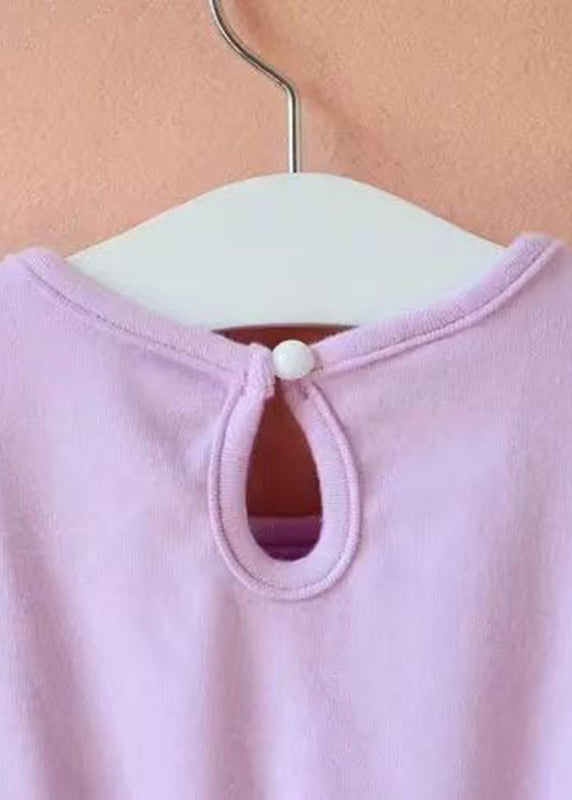Purple O-neck Embroideried Patchwork Tie Waist Tulle Kids Mid Dress Long Sleeve