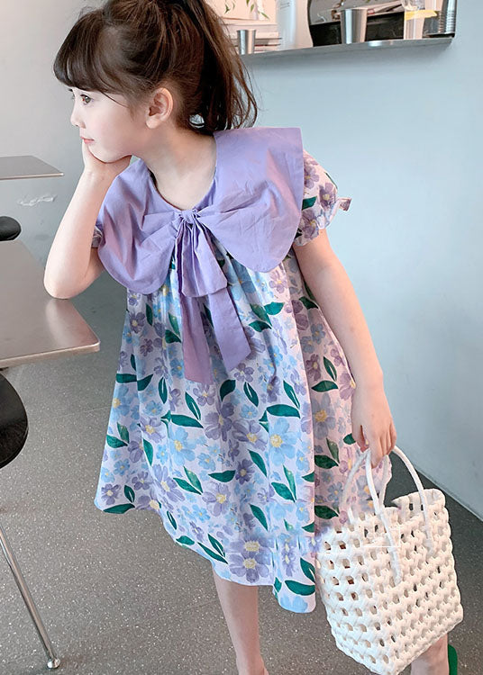 Purple Print Wrinkled Patchwork Cotton Baby Dress Summer