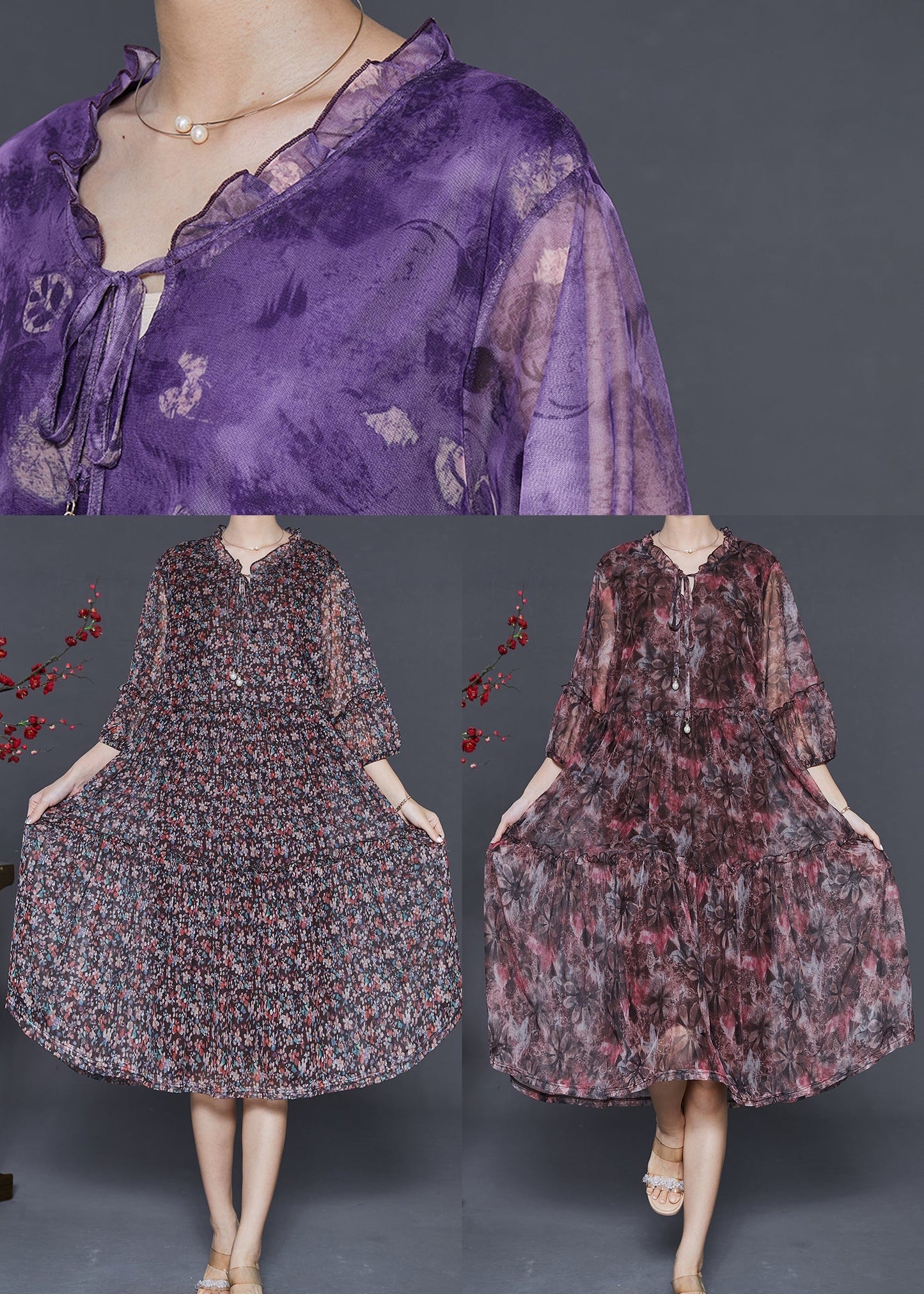 Red Ruffled Print Chiffon Vacation Dresses Summer