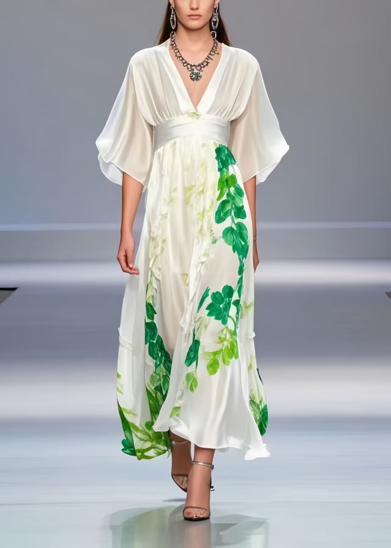 White Cinched Print Silk Long Dress Summer
