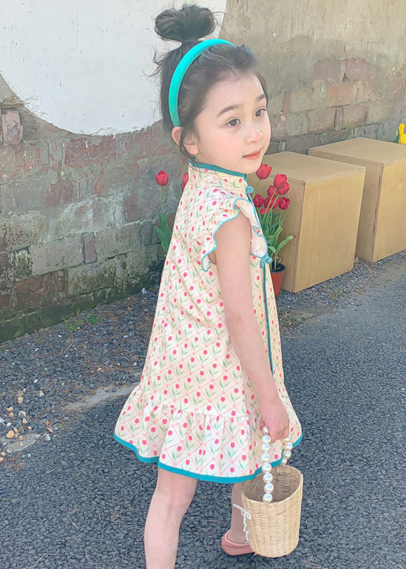 Chinese Style Blue Ruffled Print Button Mid Dress Summer