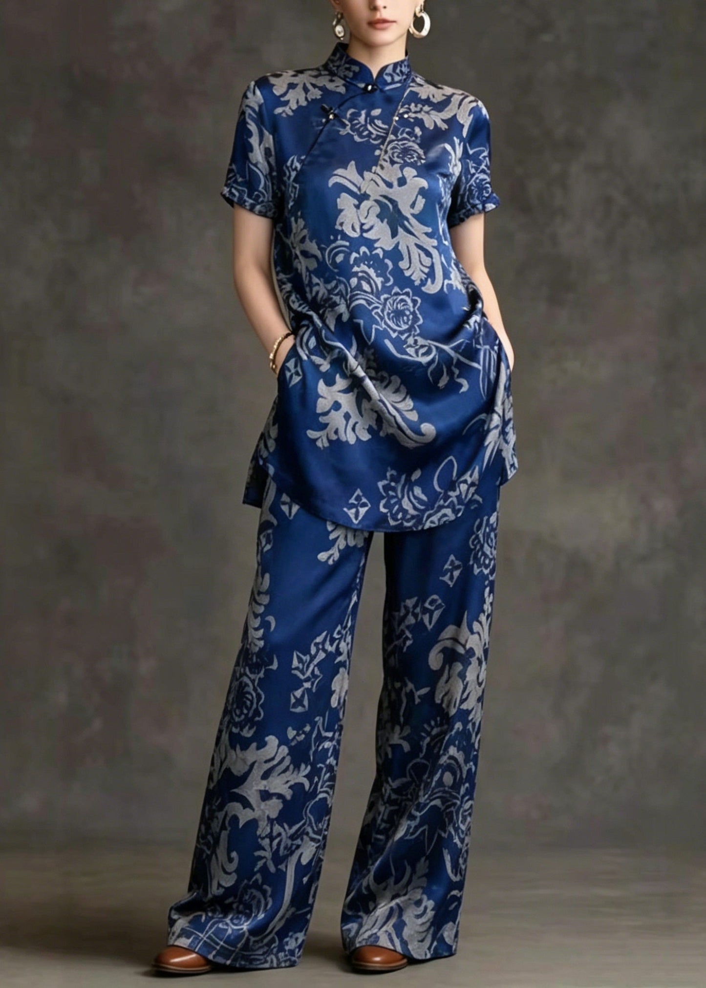 Chinese Style Stand Collar Print Silk Two Pieces Set Summer