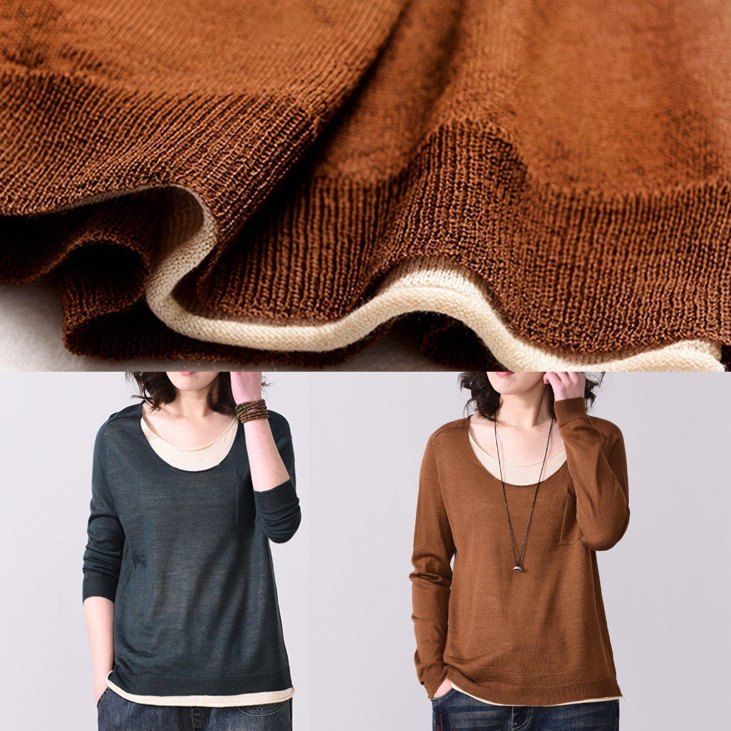 Chunky False Two Pieces Knitted Blouse Fall O Neck Sweater Brown