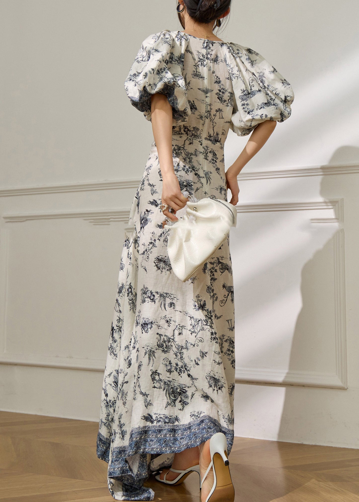 Classy Blue O-neck Print Long Dress Short Sleeve