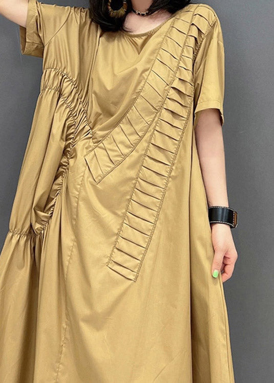 Classy Khaki O-neck Asymmetrical Wrinkled Pockets Long Dresses Short Sleeve