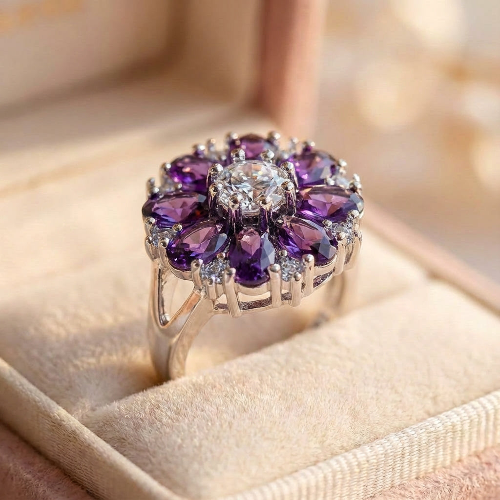 Crystal Purple Stone Sun Flower Engagement Ring