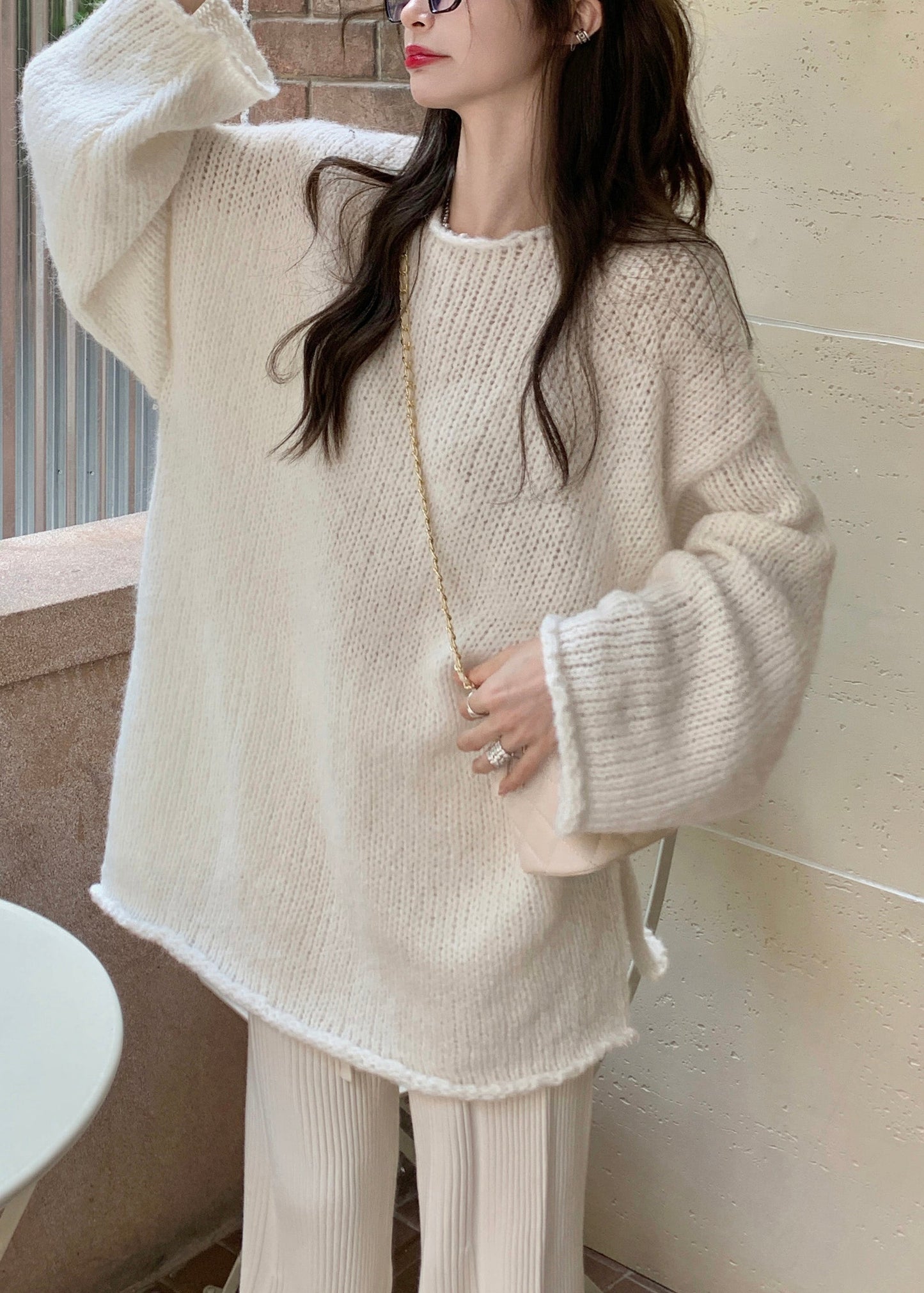 Beige O-neck Thick Cotton Knit Waistcoat Sweaters and Trousers Three Piece Set Spring