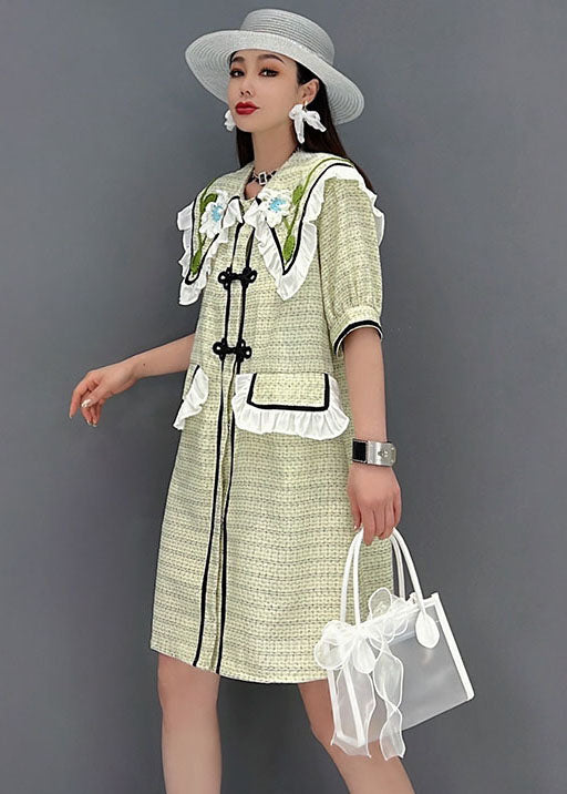 Green Sailor Collar Patchwork Ruffled Cotton Maxi Dress Short Sleeve