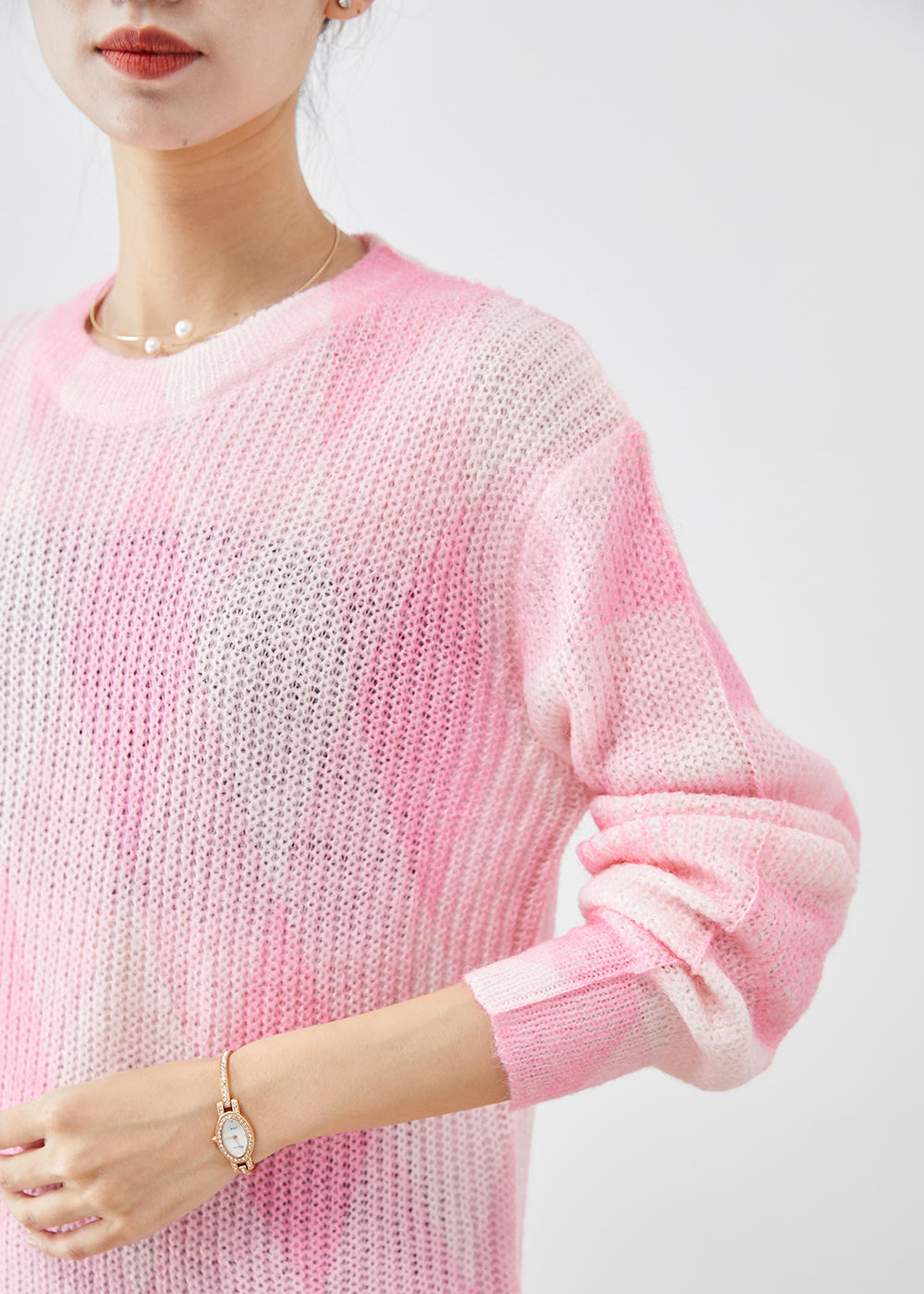 Pink Oversized Plaid Knit Sweaters Fall
