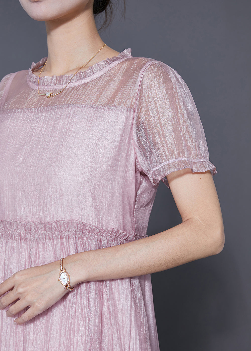 Pink Ruffled Patchwork Silk a Line Dress Summer