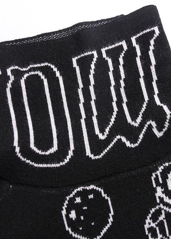 Black Cartoon Print Knitted T Shirt High Neck Knit Sweat Tops