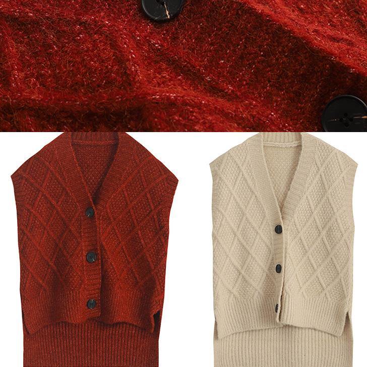 Burgundy Sweater Tops Loose Fitting Sleeveless Knitwear V Neck