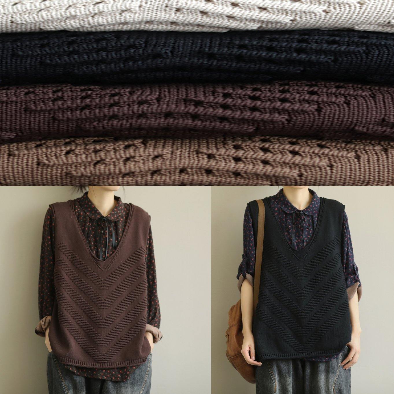 Fall Knit Outwear Brown V Neck Sleeveless Knitted Cardigans