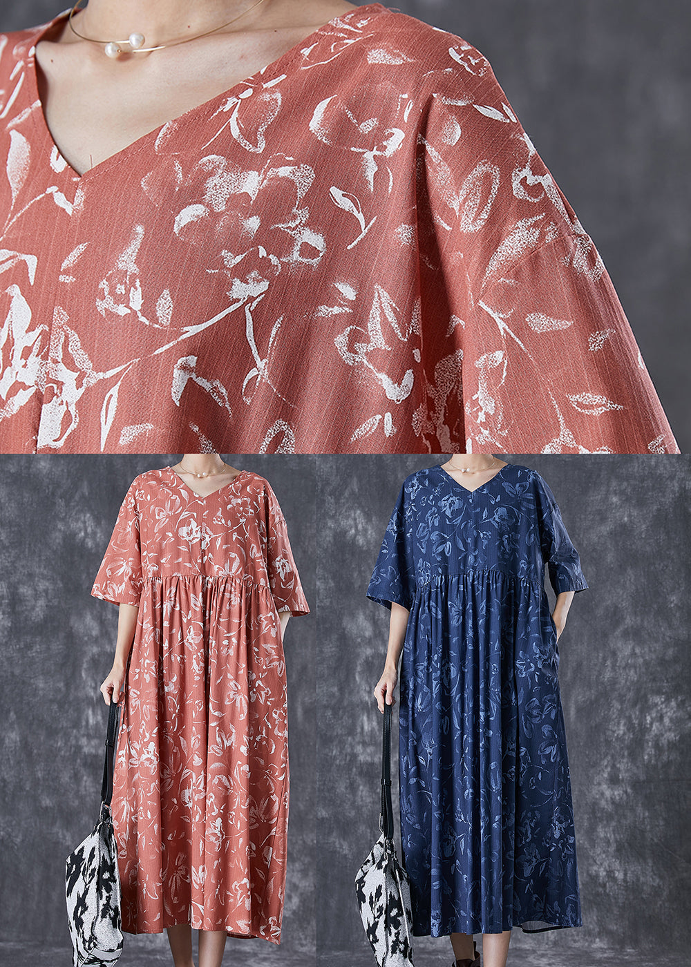 Diy Brick Red V Neck Print Linen Maxi Dress Summer