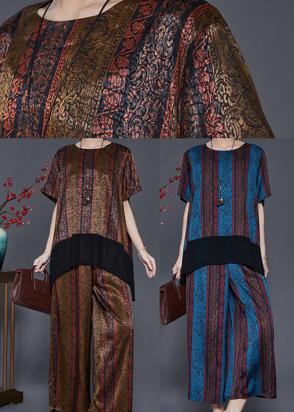 Diy Brown Oversized Patchwork Silk Sets 2 Pieces Summer