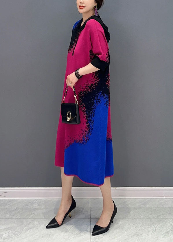 Diy Colorblock Hooded Print Knit Maxi Dresses Half Sleeve